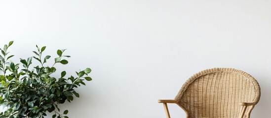 Canvas Print - Wicker chair positioned on the right side with green plant on the left against a clean white background for a minimalist interior design.