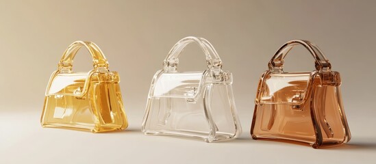 Poster - Stylish transparent purses in amber, clear, and brown positioned in a row against a soft gradient background highlighting modern design features.