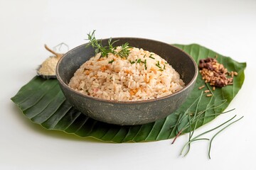 Wall Mural - Boiled rice with herbs on white background