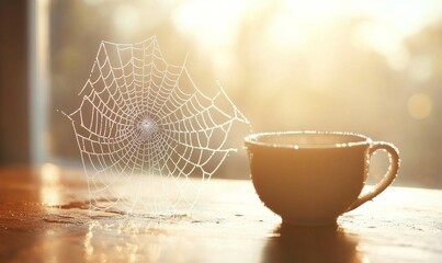 Dew-covered spider web glistens in the morning light