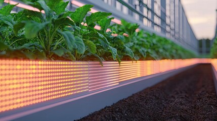 Wall Mural - Vertical farming gardening concept. Close-up of vibrant green plants illuminated by LED lights in a greenhouse setting.