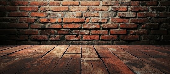 Wall Mural - Textured old brick wall with worn spots, dark hues, and wooden flooring in the foreground, creating a rustic and versatile background for design projects.