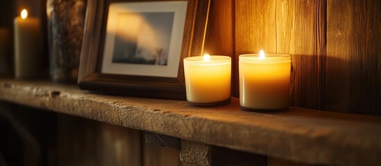 Canvas Print - Cozy ambiance of warm candlelight in soft yellow tones beside a picture frame on a rustic wooden shelf evoking warmth and nostalgia