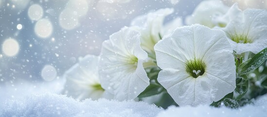 Sticker - White petunia flowers bloom amidst soft snow, showcasing their delicate petals in the foreground, with a serene snowy backdrop and soft bokeh lights.