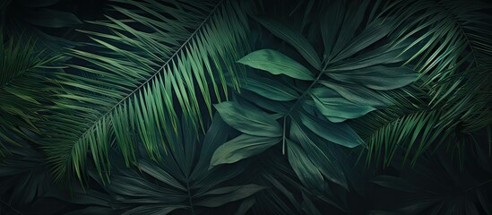 Poster - Dark green tropical banana leaf and palm foliage texture with rich shadows and highlighted edges creating a lush nature background.