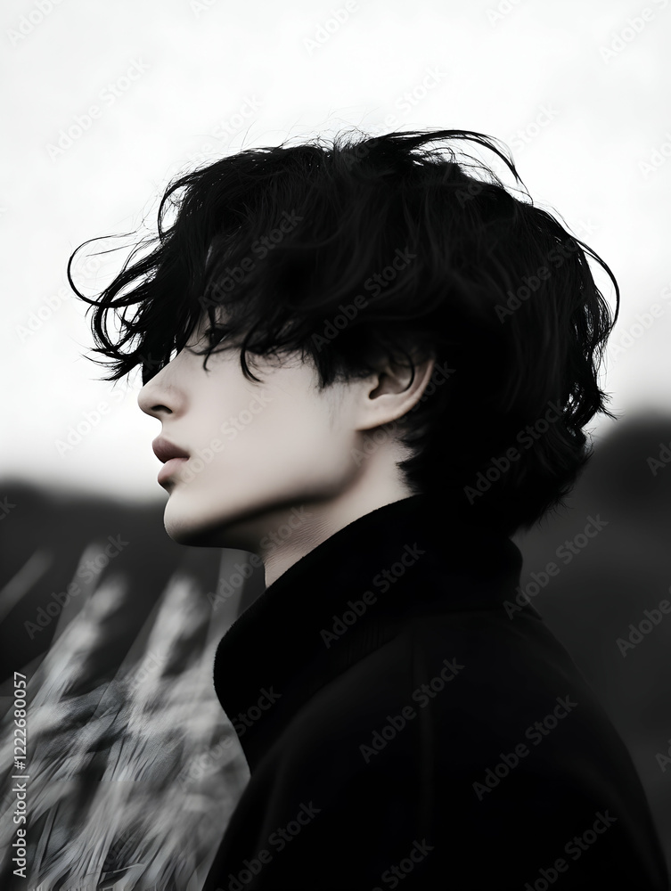 Young man with tousled black hair poses outdoors in a field during a cloudy afternoon