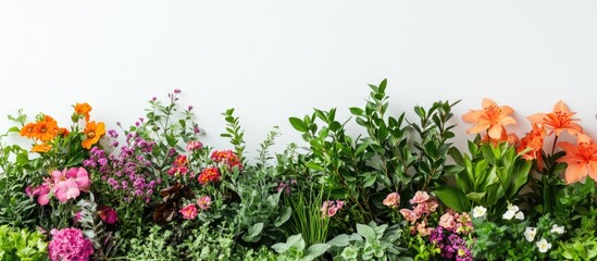 Sticker - Vibrant home garden with colorful flowering plants in shades of pink orange and purple against a clean white background showcasing lush greenery