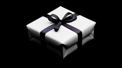 White gift box with black ribbon bow, isolated on black background.