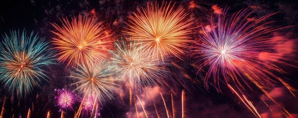 vibrant multicolored fireworks exploding at night sky celebration