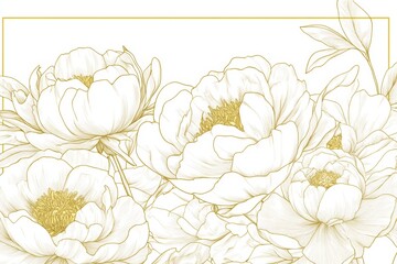 Wall Mural - A border of rose peony flowers with decorative corners, surrounded by botanical foliage and blooming flowers. The design features a bright golden gradient with shiny light reflections on a white