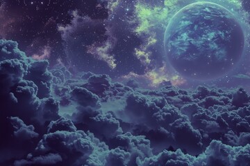 Wall Mural - fantasy cloudscape with an earth like exoplanet rising over a beautiful purple and green nebula