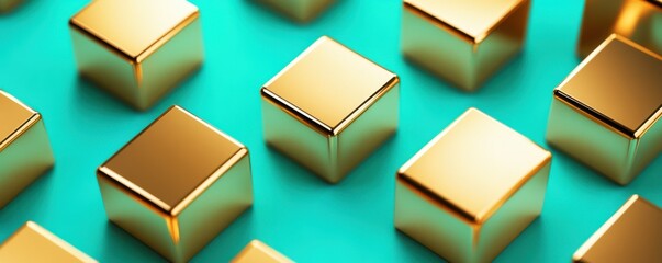 Shiny gold cubes on teal background creating a geometric pattern