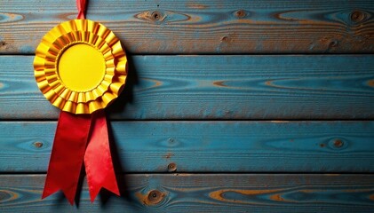 Wall Mural - Colorful award rosette hanging on a wooden backdrop , award, gold