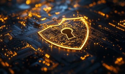 digital security shield with keyhole symbol, representing protection and safety in technology. golden shield stands out against dark
