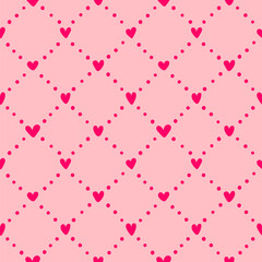 cute pink heart seamless pattern. vector white hand drawn love hearts and diagonal dotted lines, rho