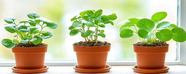 Sticker - Three potted plants on windowsill, sunny background, home decor