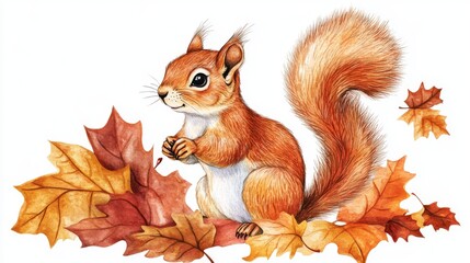 Wall Mural - Illustration of a squirrel with falling leaves on a white background, ideal for nature or children's content