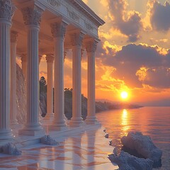 Wall Mural - Greek temple sunset seaside majesty high resolution image