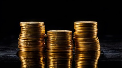 Golden coin stacks shining on dark background, sign of wealth, investment, money & prosperity