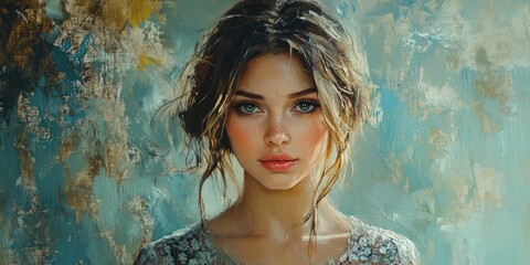 Wall Mural - Stunning young woman portrait with soft natural light, warm skin tones, and a textured teal background highlighting her expressive blue eyes.