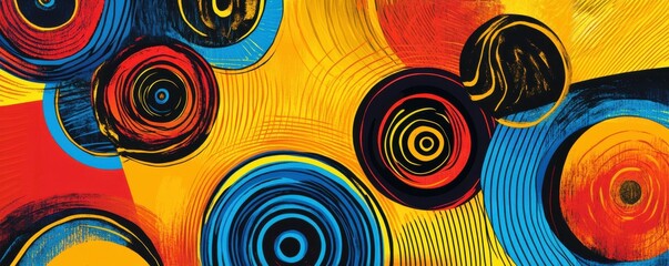 Wall Mural - Vibrant abstract art with colorful swirls and circular patterns on yellow background
