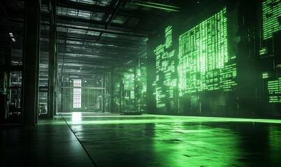 Wall Mural - glowing green data display in dark warehouse setting, creating mysterious atmosphere