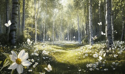 Sticker - Forest glade with lots of white spring flowers and butterflies on a sunny day