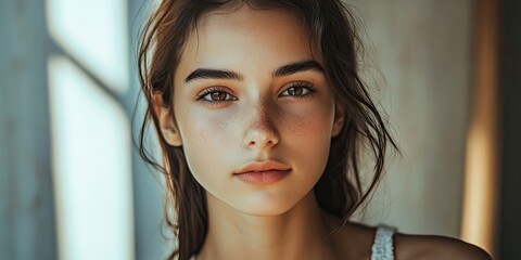 Wall Mural - Portrait of a young woman with natural makeup gazing at the camera, soft light highlighting her face with loose brown hair and a warm neutral background.