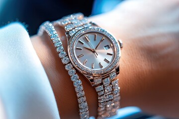 A close-up of woman's wrist with multiple diamond bracelets and an elegant watch, with a brown leather strap. The timepiece is designed in a classic round shape with a white face.