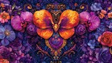   A vibrant painting depicts purple and orange blossoms encircling a central butterfly, with an array of smaller blooms in the background