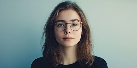 Wall Mural - Young woman with medium brown hair and glasses, centered against a soft gradient background in tones of blue and green, displaying a calm expression.