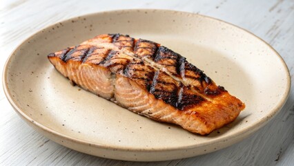 grilled salmon steak on a beige plate with charred edges and flaky flesh, dinner, charred edges, protein, gastronomic delight