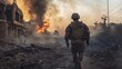 © Amigo - Soldier walks through a war-torn street as smoke billows from burning buildings during sunset