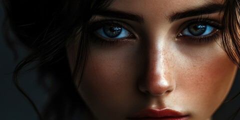 Wall Mural - Closeup portrait of an elegant woman with captivating blue eyes and subtle freckles against a dark background highlighting her flawless skin.