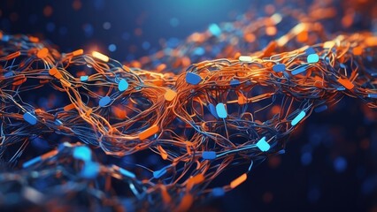 Digital illustration of a glowing blockchain concept with a close-up of a chain made of binary code
