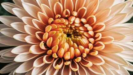 Sticker - Light orange chrysanthemum flower with intricate petal arrangement viewed from above, soft green background enhancing floral details and colors.