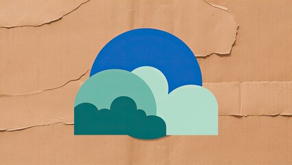 Wall Mural - Abstract layered illustration featuring three clouds in shades of blue and green on a textured brown background, creating a harmonious nature scene.