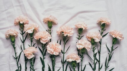 Sticker - Delicate pink carnation flowers arranged in a lovely line with green stems against a soft white backdrop creating a serene and elegant composition.