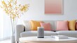 © Jiraporn - Energy efficiency minimalist concept. Modern living room with cozy sofa, soft cushions, and a sleek smart speaker on a wooden table.