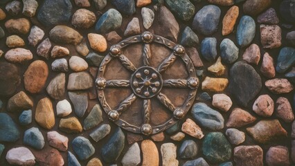 Wall Mural - Colorful stone wall featuring rounded multicolored stones in varying sizes arranged with a central forged metal design positioned prominently in the middle.