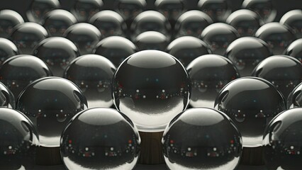 Wall Mural - Close-up of multiple reflective glass spheres arranged in a symmetrical pattern with a blurred dark background showcasing a meditative ambiance