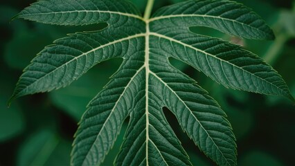 Wall Mural - Closeup of a textured green leaf with intricate vein patterns centered against a blurred soft green background highlighting natural beauty.