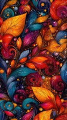 Wall Mural -   A vibrant painting featuring multi-colored leaves and bubbles against a dark backdrop, adorned with hues of blue, red, yellow, orange, and green