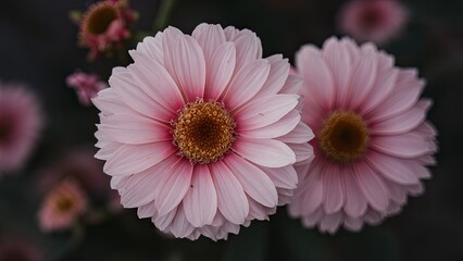 Wall Mural - Closeup image of soft pink flowers with intricate petal textures and golden centers against a dark blurred background creating a gentle contrast