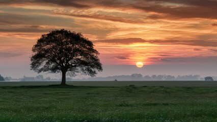 Sticker - Solitary tree silhouetted against a vibrant sunrise with orange and pink hues over a lush green field and misty landscape in the background