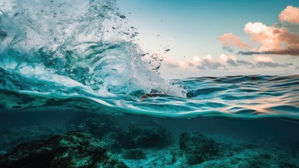 Sticker - Underwater view of clear ocean water with crashing waves showcasing vibrant turquoise hues, rocky seabed visible beneath gentle surface ripples.