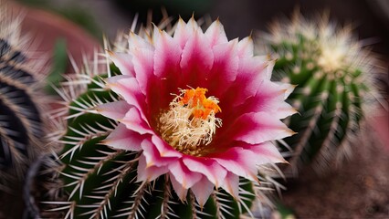 Wall Mural - Vibrant Echinopsis cactus flower in full bloom with pink petals and orange stamens surrounded by green spines and soft blurred background.