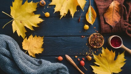 Wall Mural - Autumn leaves in vibrant yellow arranged on a dark wooden table with spices and a warm scarf creating a cozy mood with ample copy space.