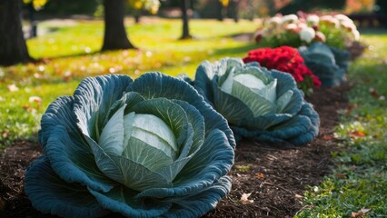 Wall Mural - Lush decorative cabbages with deep green leaves arranged in a flower bed under soft sunlight in an autumn park with colorful blooms in background