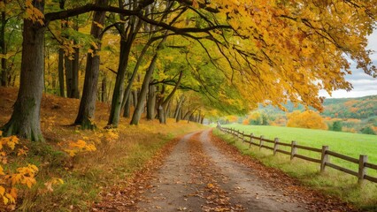 Canvas Print - Scenic autumn landscape featuring a winding dirt road flanked by vibrant yellow and orange trees and a rustic wooden fence on the right.